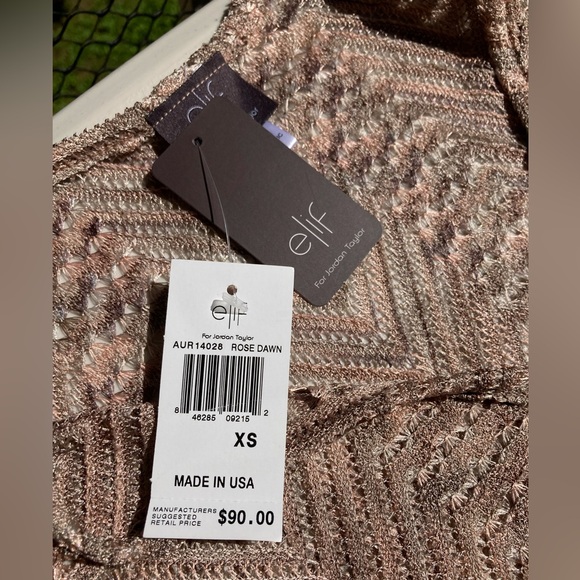 Elif Open Knit V Neck Shiny Metallic Pink Grey Swim Cover Up Tunic Bell Sleeves - Picture 15 of 16